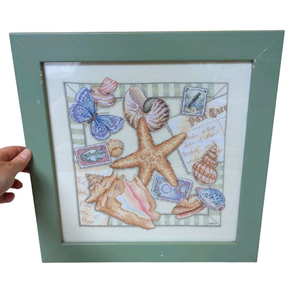 Vintage Cross Stitch Wall Hanging Wood Frame Seashells Butterfly Travel Tropical